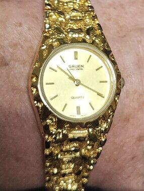 MINT Vintage Gruen Precision Gold Nugget Bracelet Watch Quartz 7" Retro
